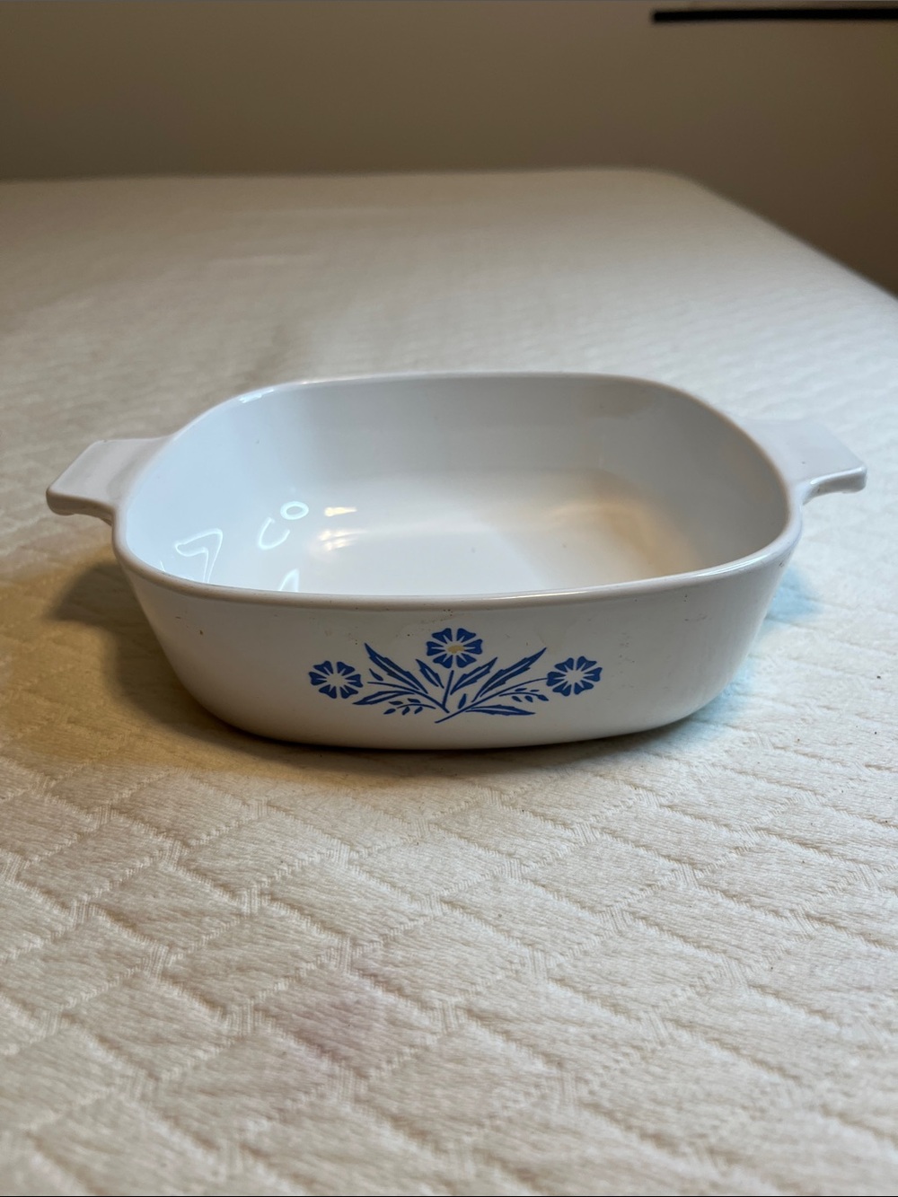 Corningware White Baking Dish with Blue Floral Motif, 1 qt, vintage, 7” diameter